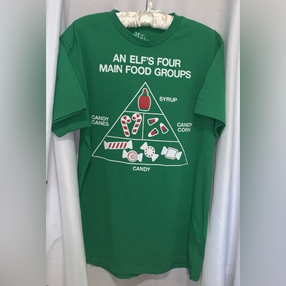 Elf Movie T-shirt Green unisex large Four Main Food Groups Graphic 100% Cotton *